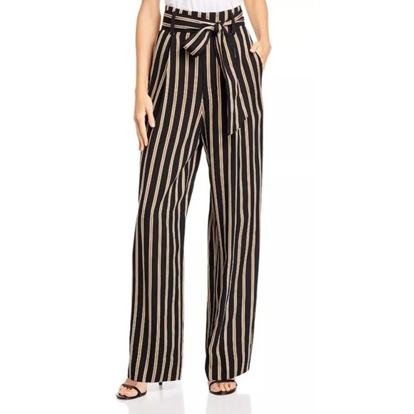 7 For All Mankind Wide Leg High Rise Navy & Gold Striped Paperbag Pants Med NWT - Picture 3 of 11